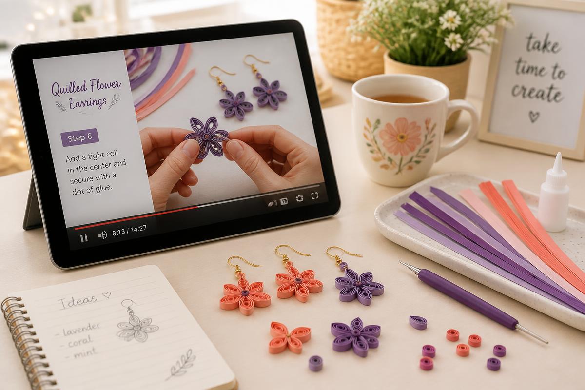 Aula de quilling em tablet com brincos de papel