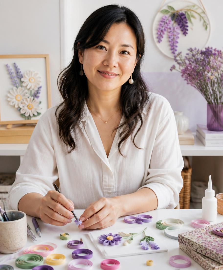 Larissa Nakamura criando peças de quilling